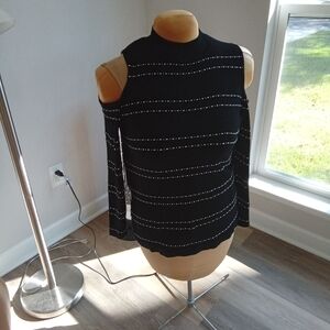 All At Once Size Med Cold Shoulder Sweater Black & White  Stripe Crew Neck